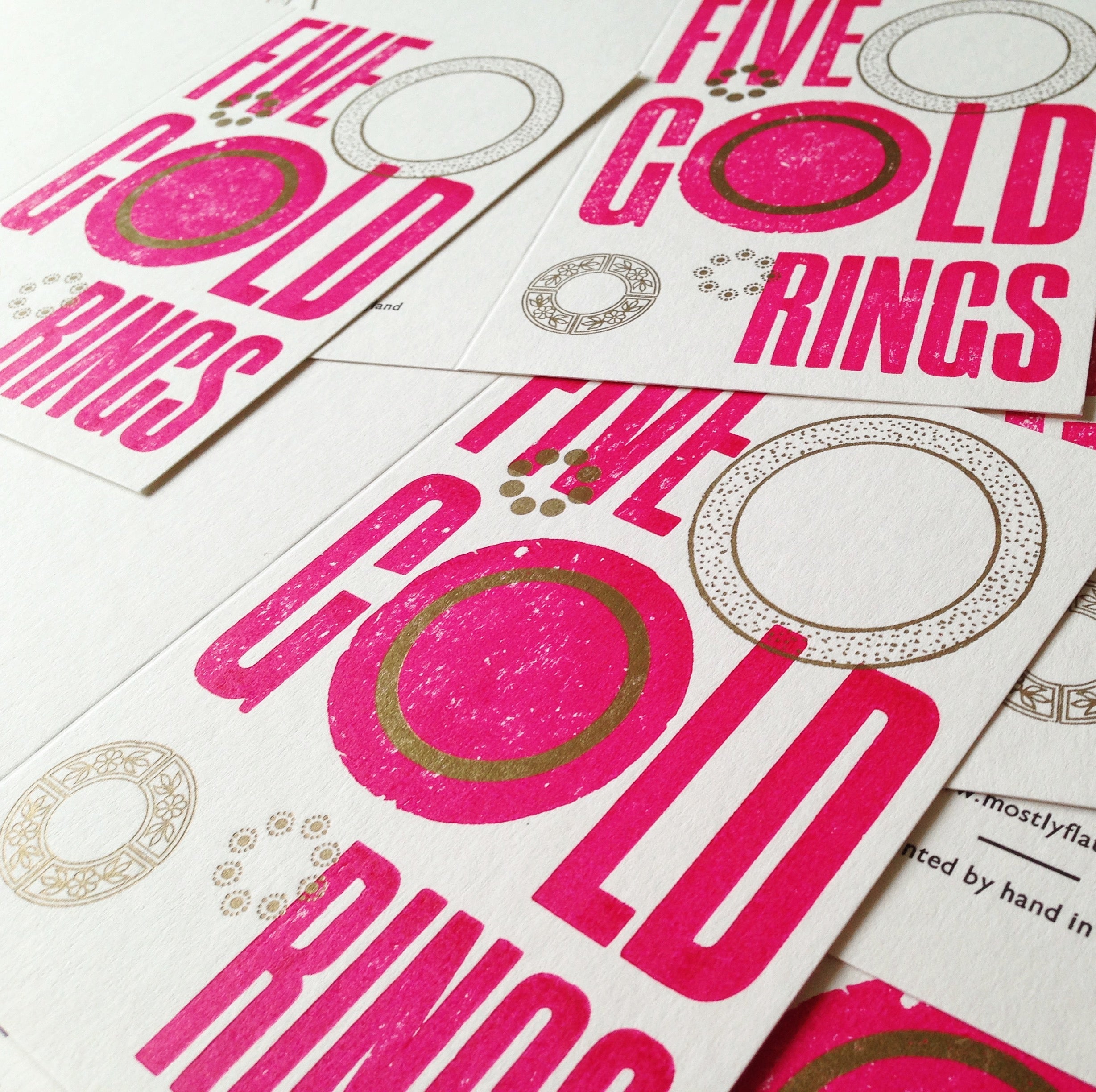 Five Gold Rings letterpress greetings card, violet