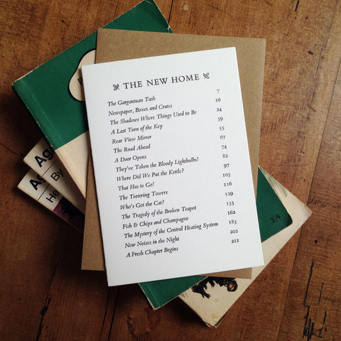The New Home Contents Page letterpress greetings card