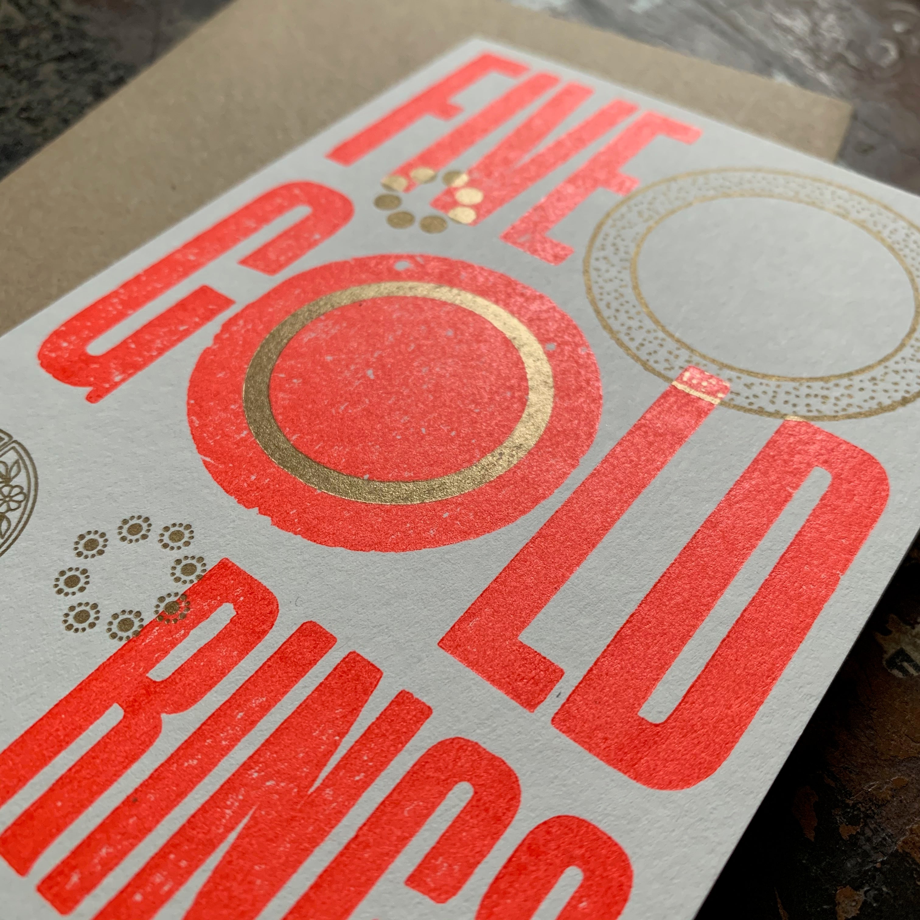 Five Gold Rings letterpress Christmas card, rocket red