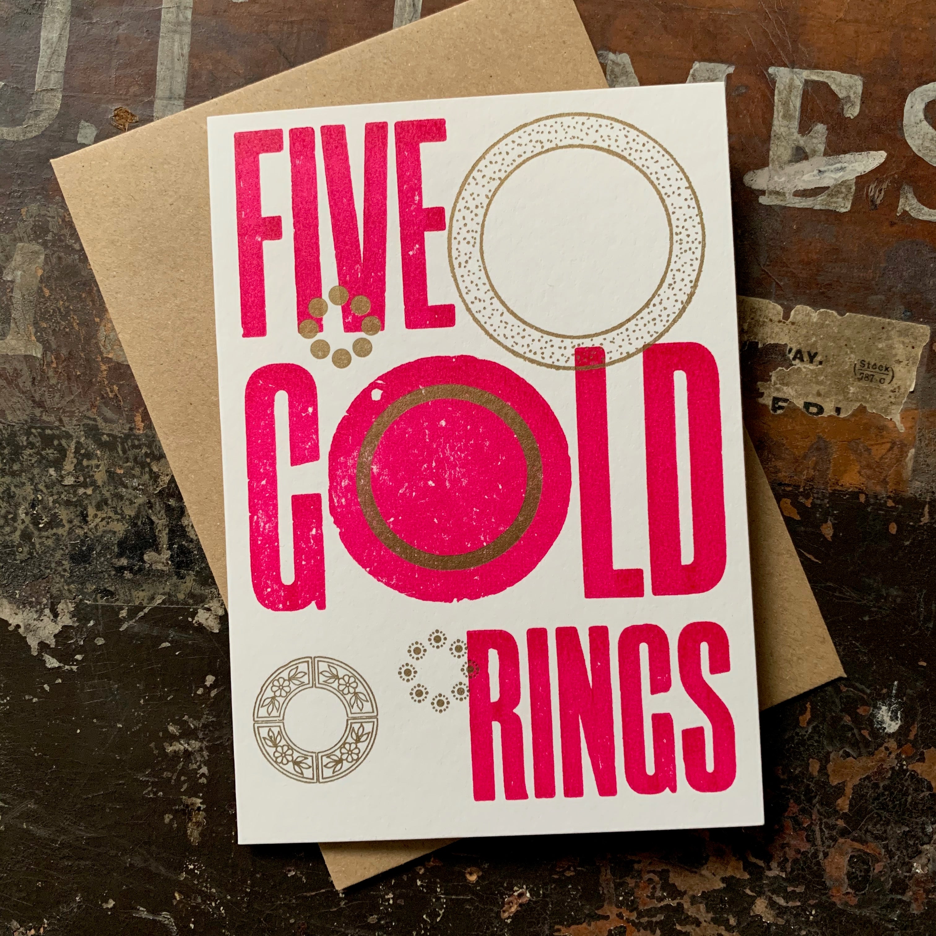 Five Gold Rings letterpress greetings card, violet