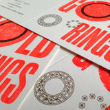 Five Gold Rings letterpress greetings card, rocket red
