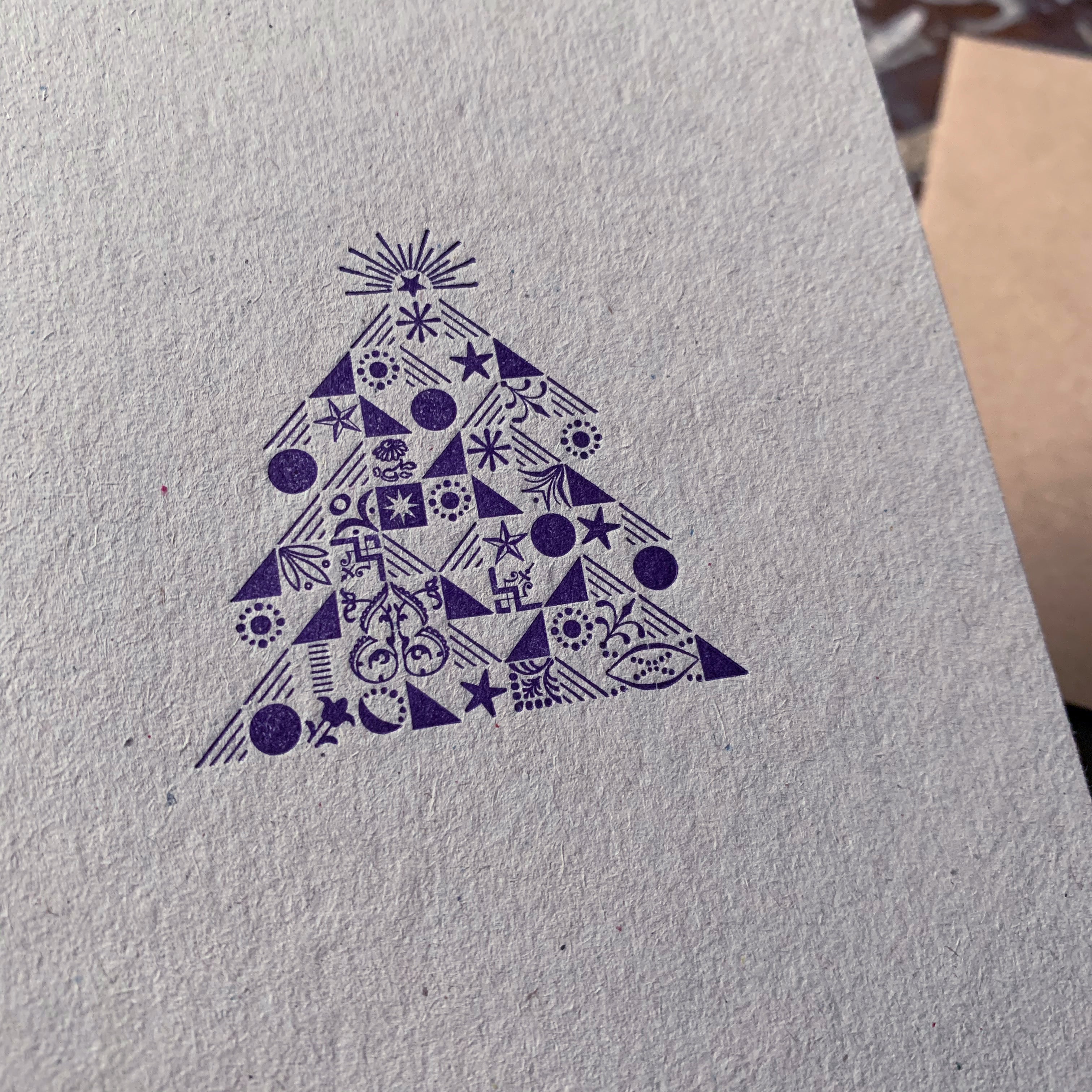 Ornamental Christmas Tree letterpress Christmas card, purple