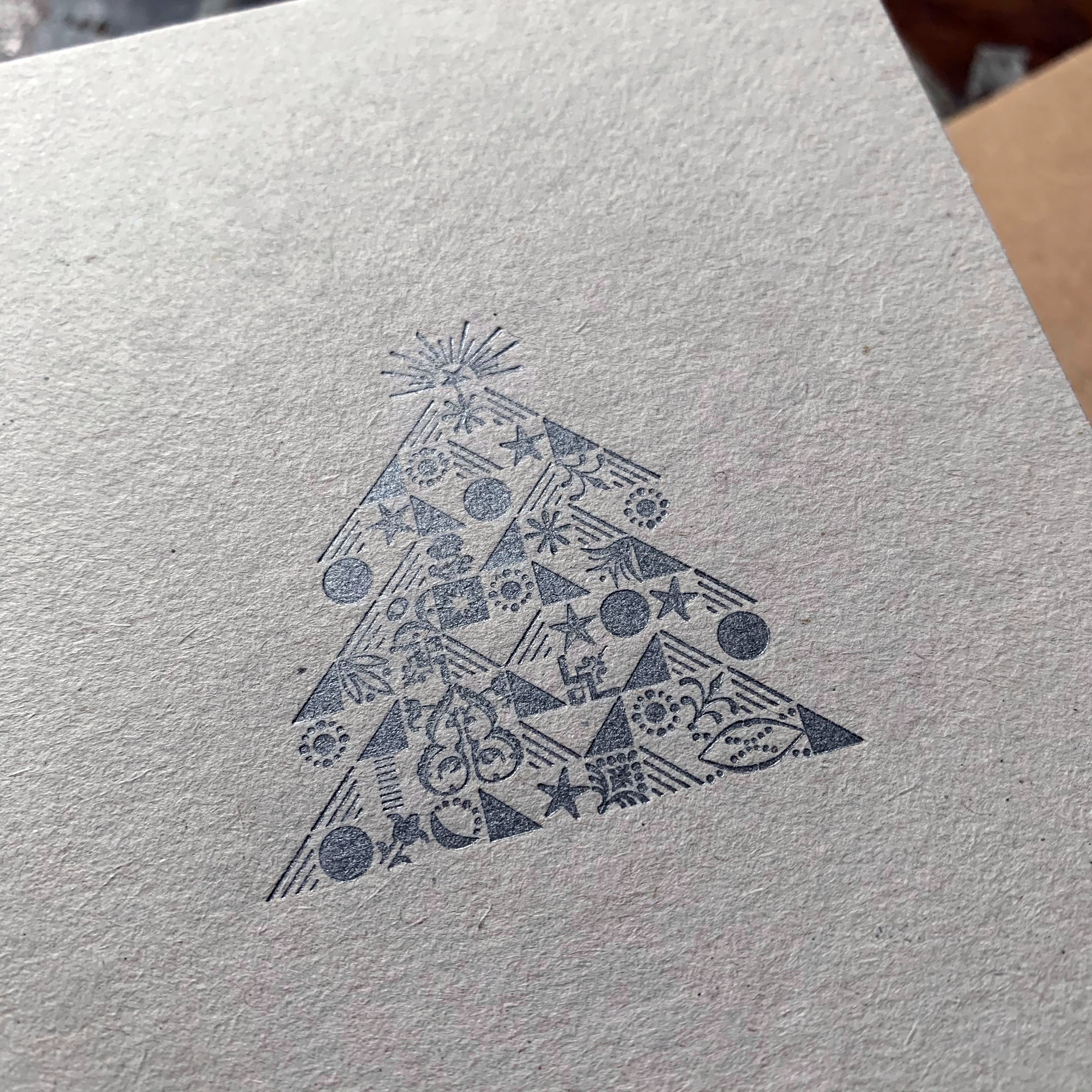 Ornamental Christmas Tree letterpress Christmas card, silver