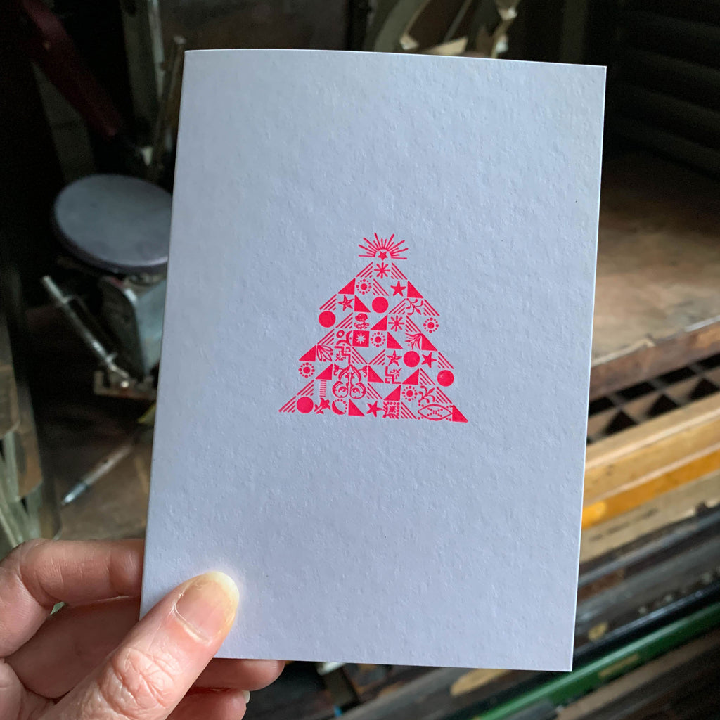 Ornamental Christmas Tree letterpress Christmas card, pink