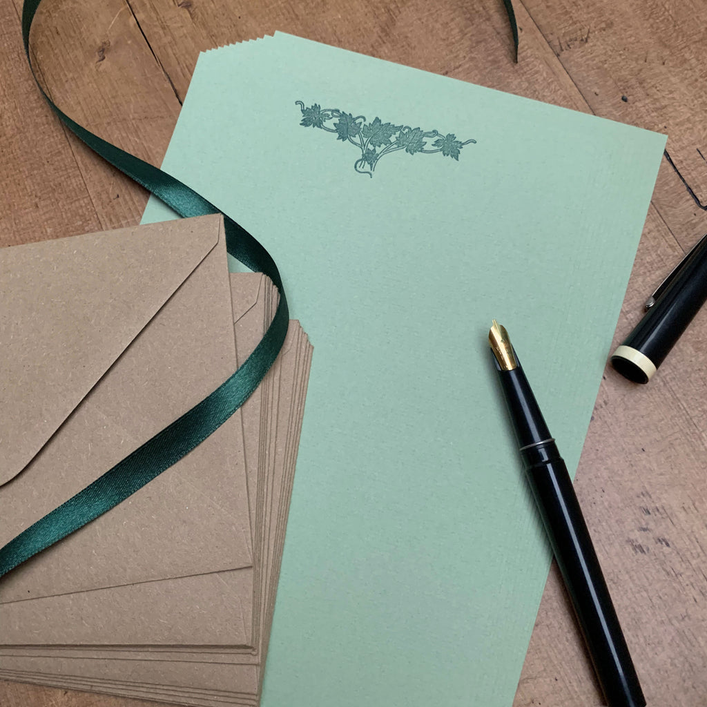 Green leaf letterpress notepaper set