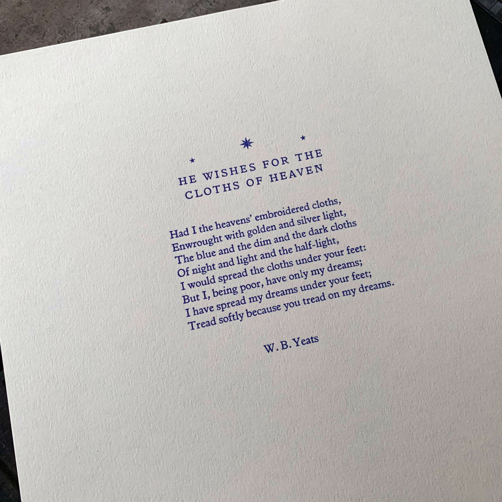 W. B. Yeats "Cloths of Heaven" poem letterpress print