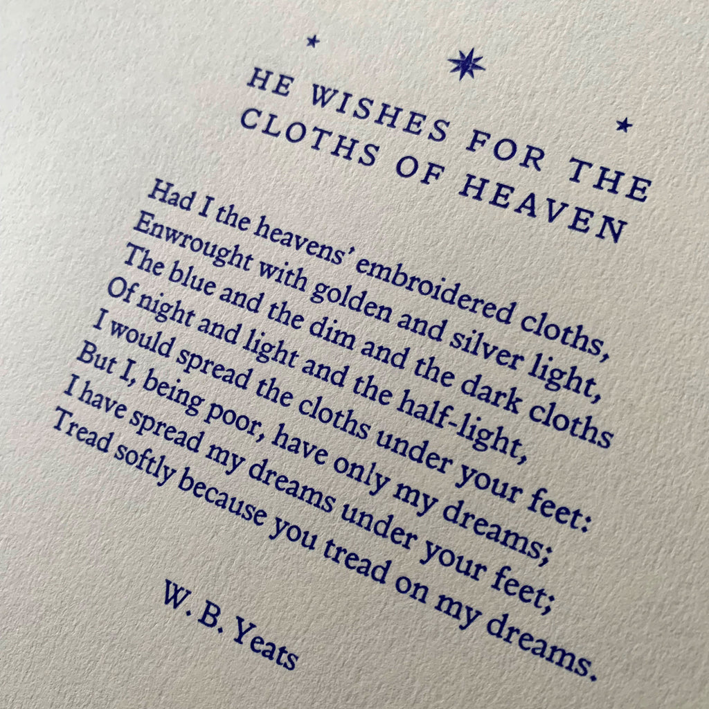 W. B. Yeats "Cloths of Heaven" poem letterpress print