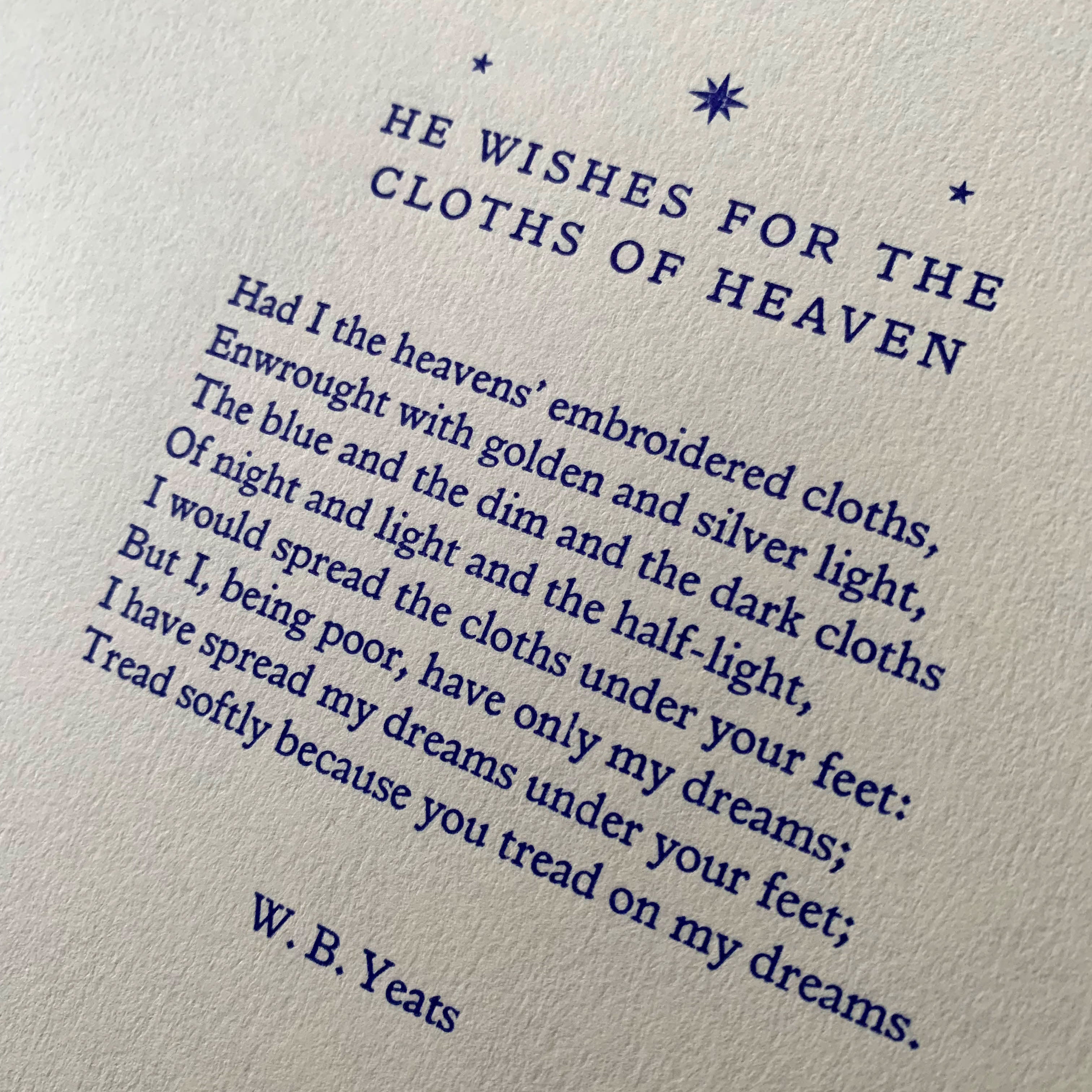 W. B. Yeats "Cloths of Heaven" poem letterpress print