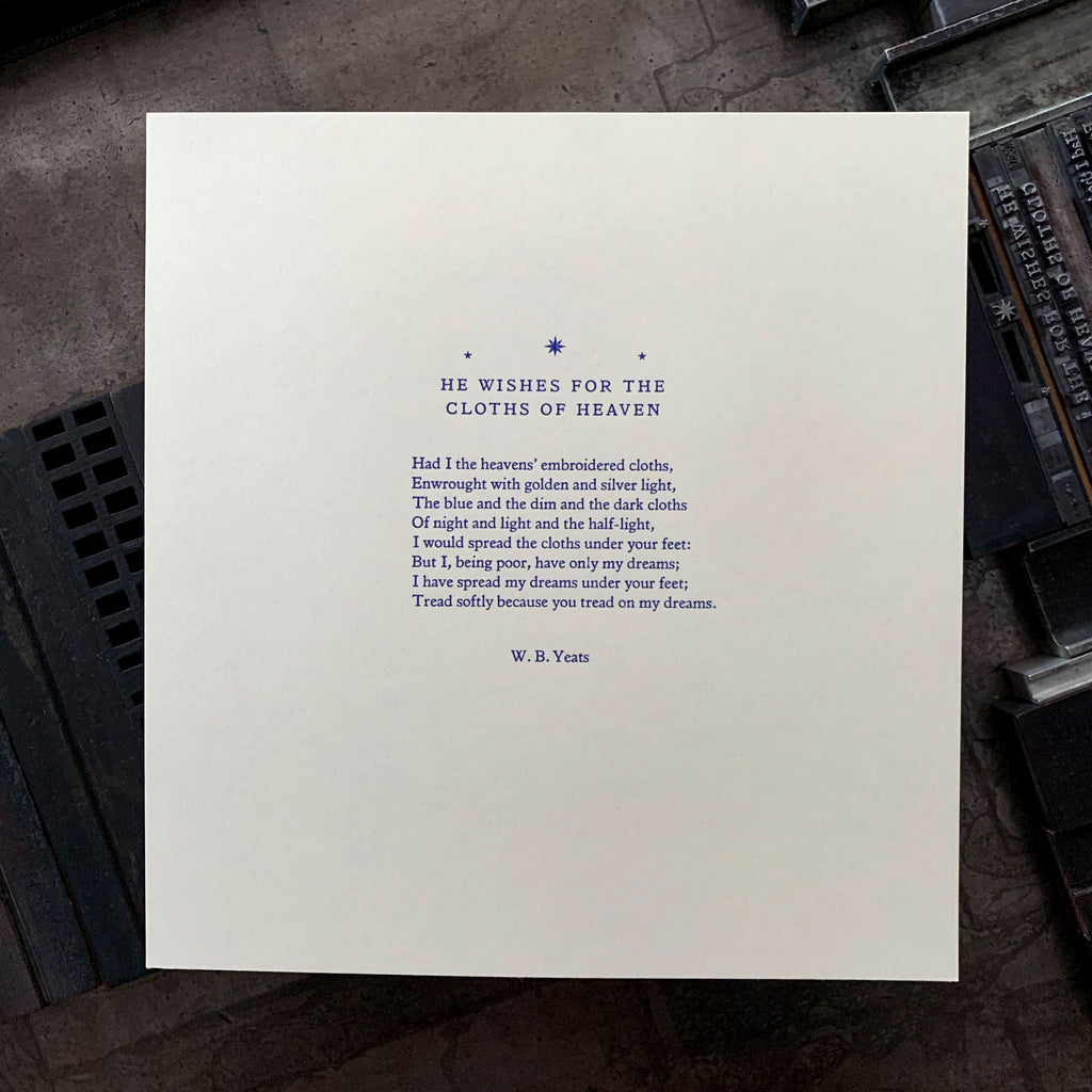 W. B. Yeats "Cloths of Heaven" poem letterpress print