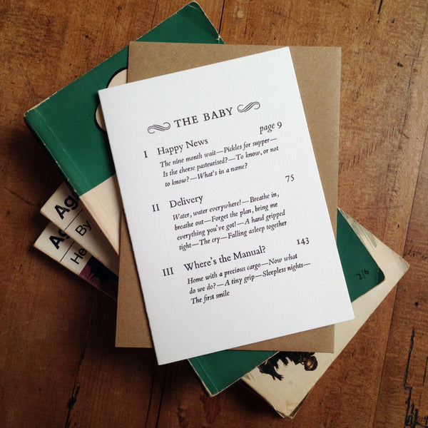 The Baby Contents Page letterpress greetings card