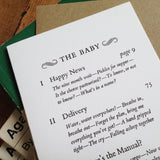 The Baby Contents Page letterpress greetings card