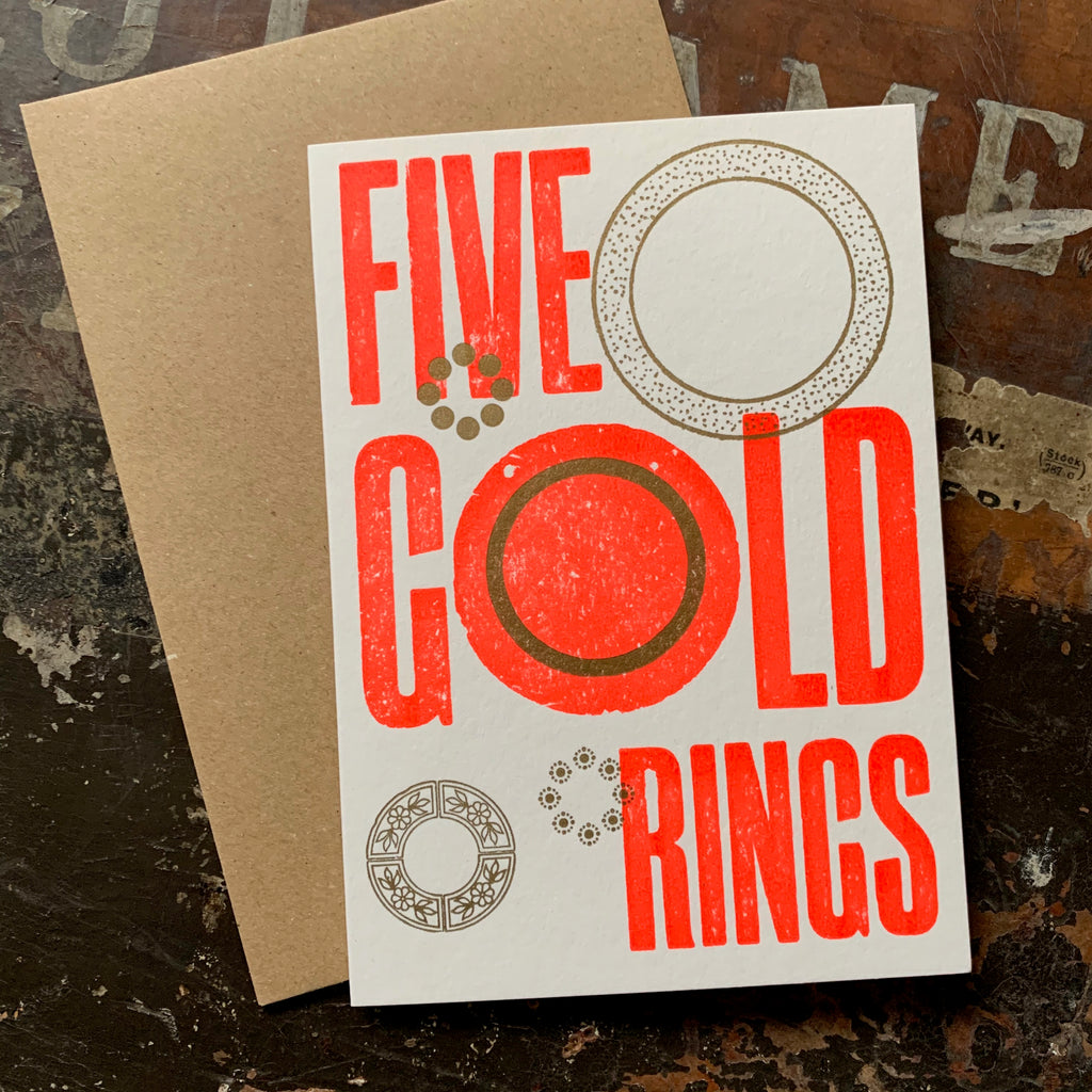 Five Gold Rings letterpress Christmas card, rocket red