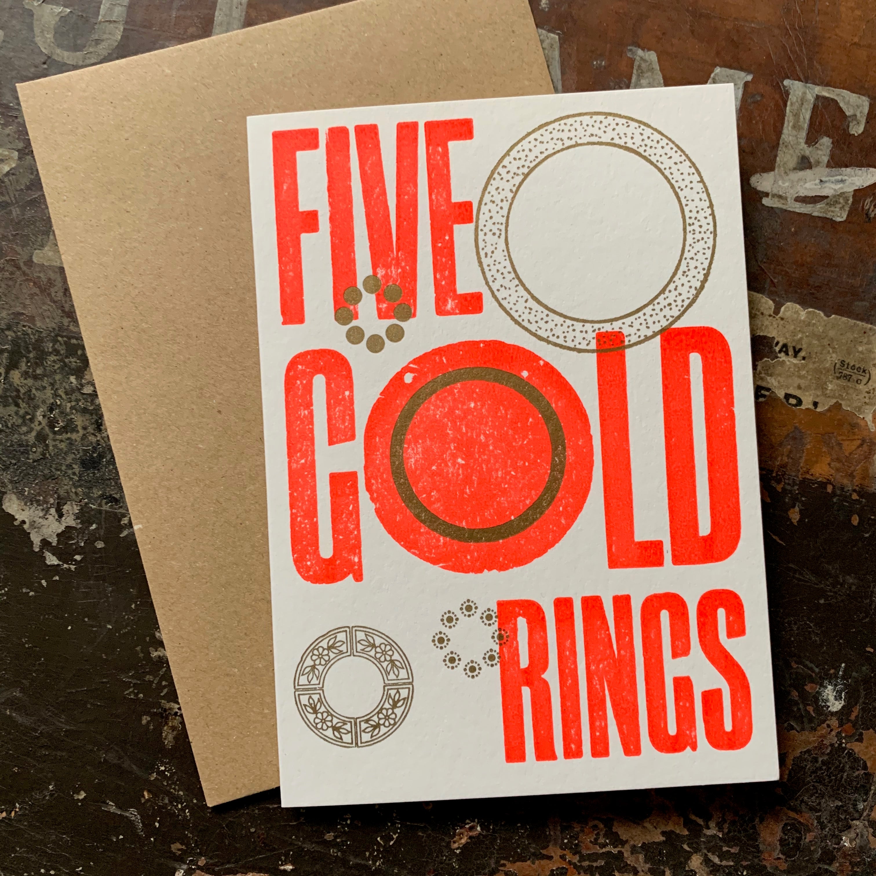 Five Gold Rings letterpress Christmas card, rocket red