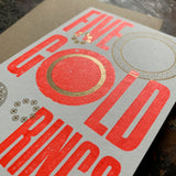Five Gold Rings letterpress greetings card, rocket red