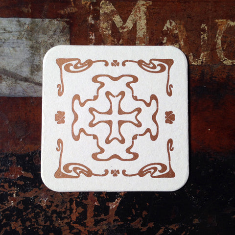 Art Nouveau cross pattern letterpress coaster, copper