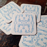 Art Nouveau panel pattern letterpress coaster, blue