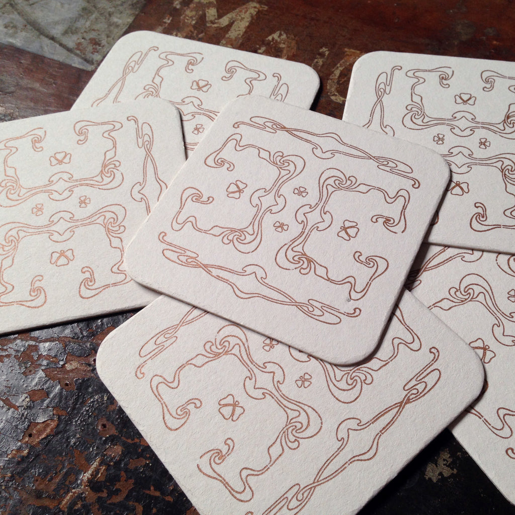 Art Nouveau panel pattern letterpress coaster, copper