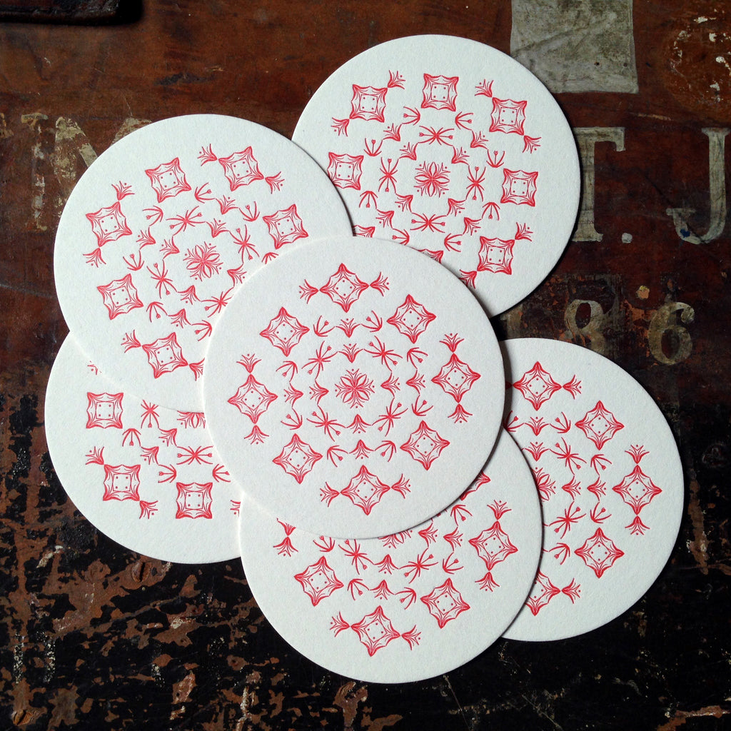 Glint ornament letterpress coaster, red