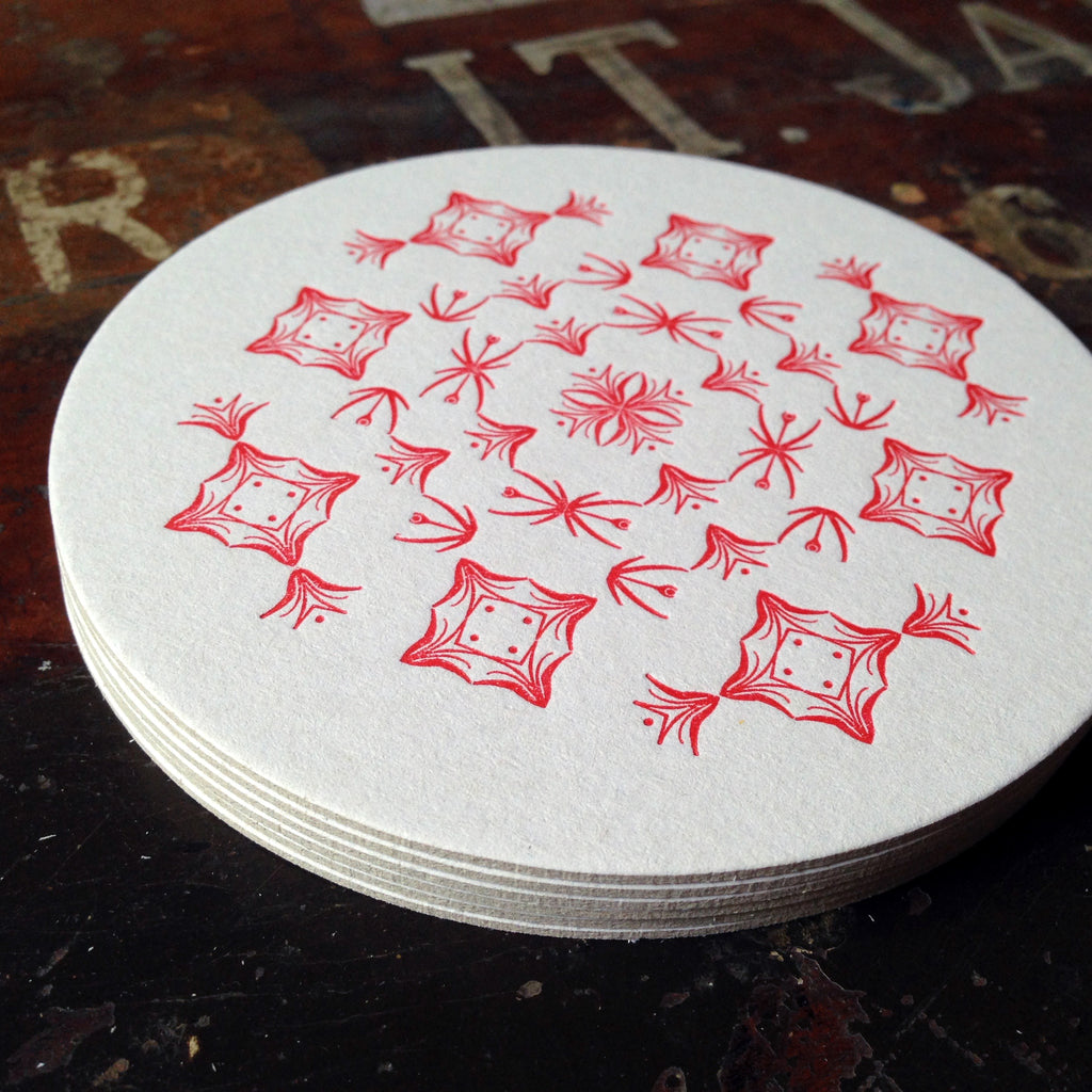 Glint ornament letterpress coaster, red