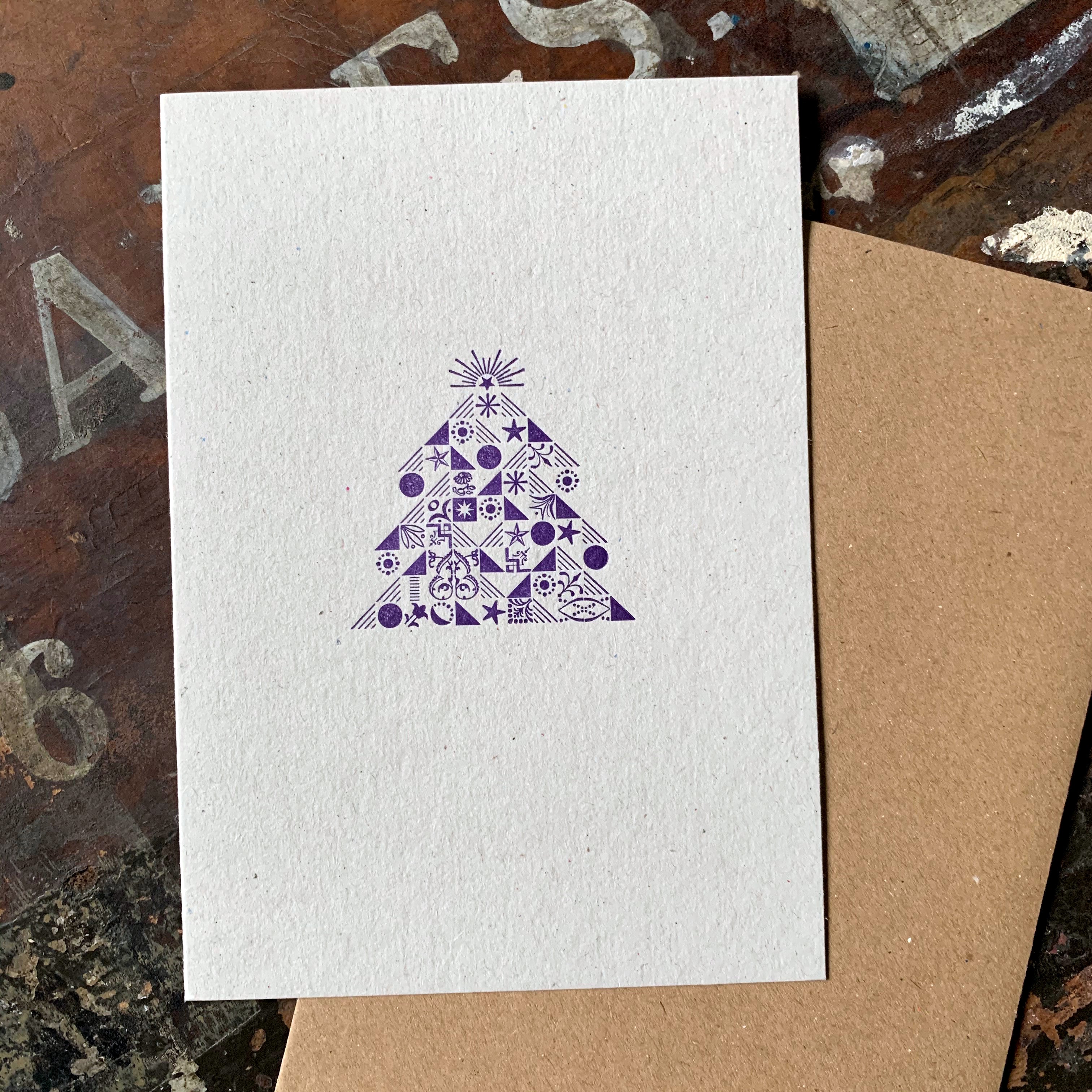 Ornamental Christmas Tree letterpress Christmas card, purple