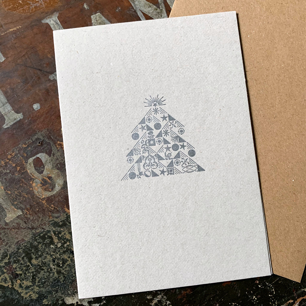 Ornamental Christmas Tree letterpress Christmas card, silver