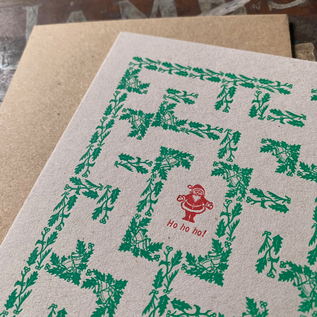 Santa Maze letterpress greetings card, grey